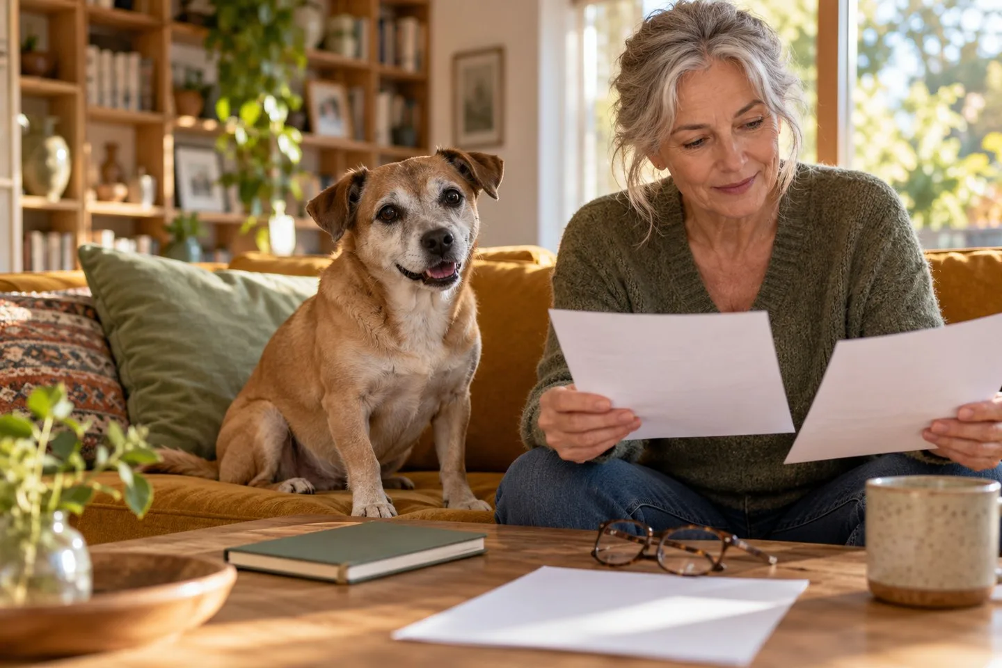 Owner reading insurance papers with a dog beside her