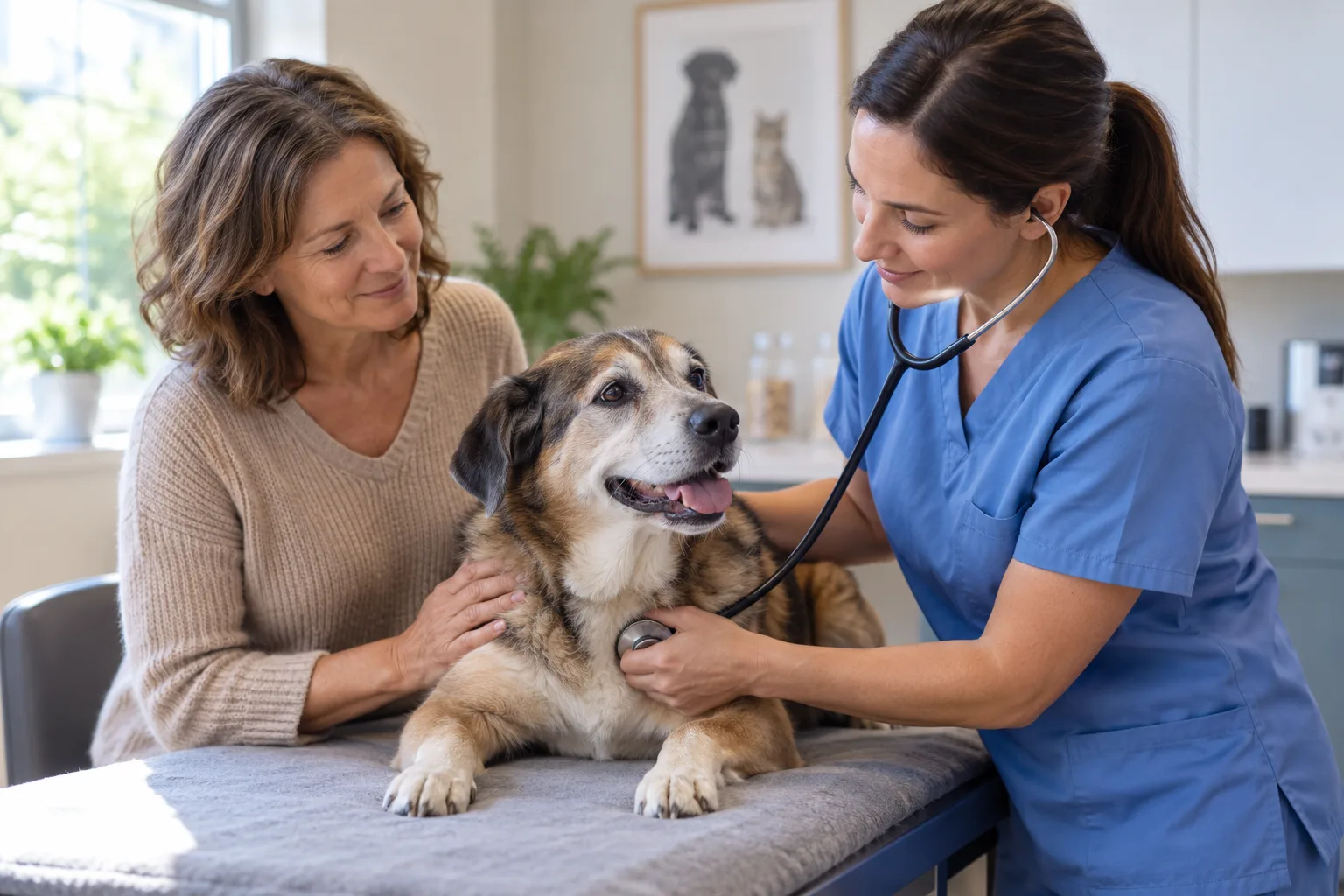 Veterinary professional listening to an owner beside a dog